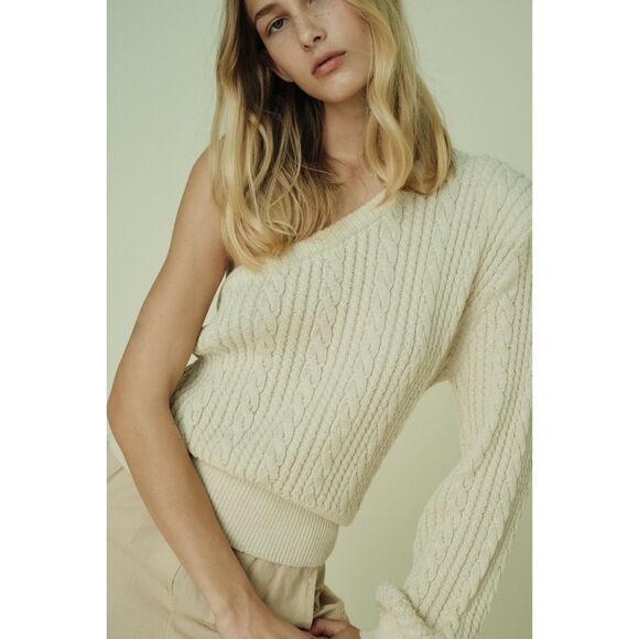 Parentezi One-Sleeve Cable Knit Sweater Small Off White Baby Alpaca Off-Shoulder - Picture 2 of 14